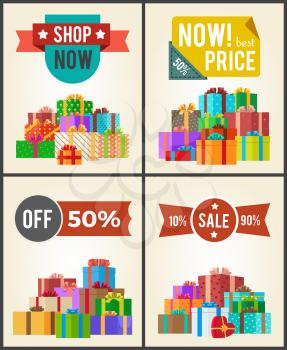 Shop now best hot price promo labels with ribbons and stars on vector banner set with piles of gift boxes in festive wrapping paper isolated on white.