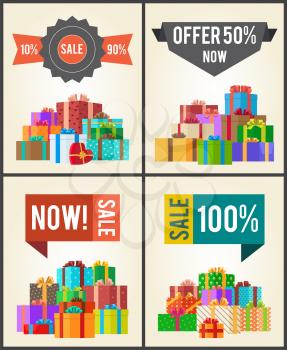 10 to 90 sale best half price offer shop now 100 guarantee set of labels on posters with piles of gift boxes, presents inside vector illustrations