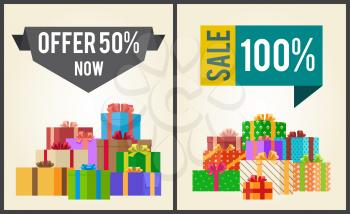 Offers 50 new, sale 100 promo labels on web banners with heaps of present boxes in decorative wrapping paper vector illustration posters