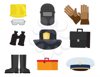 Vector illustration of safety glasses and helmet, welding mask, binoculars and cap, lifesavers hat, rubber mittens and boots, dark suitcase, tool box.