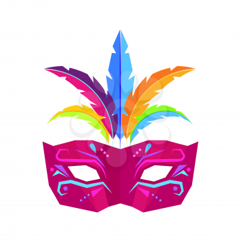 Colombina carnival mask decorated with colorful feathers flat vector icon isolated on white background. Masquerade clothing attribute illustration for costumed party or festival invitation design