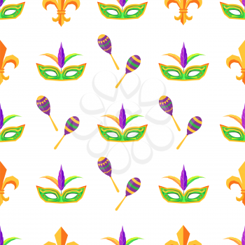 Carnival attributes seamless pattern. Bright maracas and colombina mask decorated colorful feathers vector on white background. Masquerade celebrating ornament for costumed party invitation design