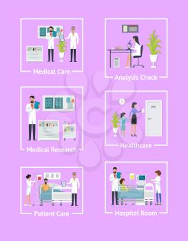 Medical care and analysis check, research and healthcare, patient and hospital room, pictures on vector illustration isolated on pink