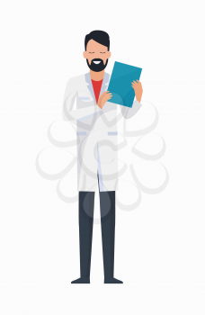 Doctor with folder icon isolated on white background. Vector illustration with man with beard dressed in white robe writing prescription in blue folder