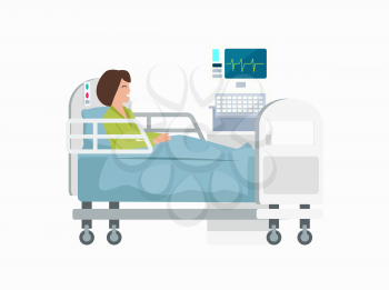 Woman on hospital bed with electrocardiogram equipment with heart pulse on monitor standing near to bed. Vector illustration of patient isolated on white