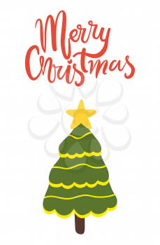 Merry Christmas greeting card with decorated Xmas tree icon isolated on white background. Vector illustration green spruce decor golden garlands