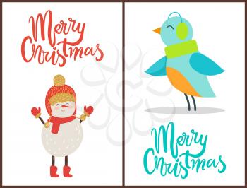 Merry Christmas, banners with decorated titles, images of snowman wearing hat and scarf with gloves and happy peaceful bird on vector illustration