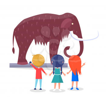 Excited boys and girls admiring model of giant mammoth with long curved tusks in museum cartoon style isolated vector illustration on white background
