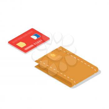 Red credit card and brown leather wallet isometric projection vectors isolated on white background. Modern purses 3d illustration for electronic payments and money in cash concepts