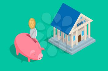 Capital accumulation concept with coins falling in piggybank and bank building with columns isometric projection vectors. Savings and wealth protection conceptual illustration for business icons