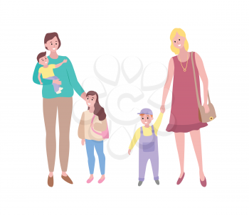Motherhood vector, woman walking with son and daughter, lady with handbag strolling with toddler baby. Childhood, brother and sister with young mother