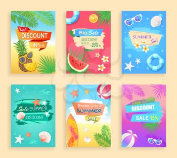 Big summer sale, best discount shaped ribbon, vector banner. Inflatable ring, sun glasses, shell and star, flower and fruit, palm leaves, beach ball