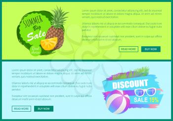 Summer big sale posters set with text sample. Pineapple and ball for playing games at beach. Accessory protecting from sun, sunglasses discount vector