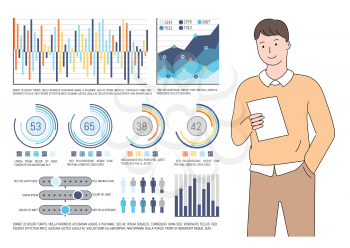 Statistics and information vector, man checking info on paper report in hands of entrepreneur, graphics and data, diagrams with numbers flat style