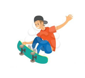 Teenager wearing casual clothes and cap, smiling boy making tricks with skateboard, portrait view of skating young person, element of urban activity vector