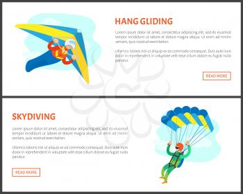 Hang gliding and skydiving posters, man in suit and helmet making jumps with parachute. Parachutists involved in dangerous activity, freedom flying vector. Website or webpage template, landing page