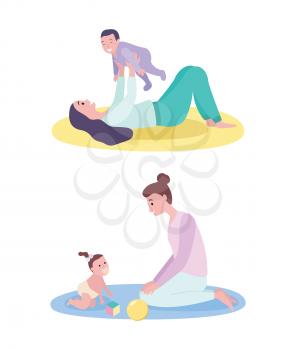 Mother and child vector, isolated woman playing with baby set. Lady laying on mat, happiness and laughter, daughter wearing diaper, toys for development