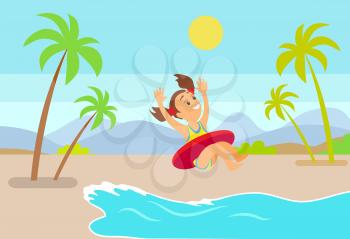 Happy smiling girl wearing swimsuit jumping in water with hands up. Summertime landscape, teenager in inflatable circle, mountains and palm trees, vector