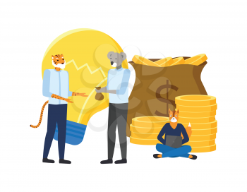 Hipster animals making deal vector, lightbulb idea and bag filled with money golden coins dollar. Isolated fox working on computer, koala and tiger