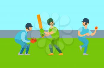 Group of people playing cricket, men holding ball and bat, male wearing helmet and gloves, full length view of training person, championship vector