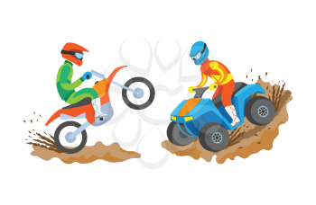 Extreme sports of men vector, isolated people going in professional sporting and activities, male on motorbike, quad biking hobby of person in uniform