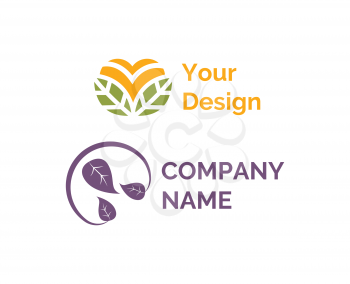 Your design vector, company name isolated icons set in flat style. Emblems for companies in color, logotype with foliage and circle, abstract foliage