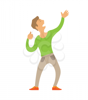 Dancing man stretching arms up isolated character vector. Person relaxing in club, clubbing male wearing fancy clothes, happy dancer moving body on music