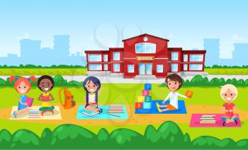 Children sitting on blankets vector, school elementary institution, kindergarten for kids. Boy and girls playing with cubes, education and development. Back to school concept. Flat cartoon