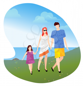 Mother father and little daughter walking near lake or pond and holding hands. Recreation near water. Family vacation concept vector illustration