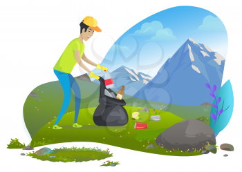 The guy in rubber gloves with black bag collects trash in mountains. Volunteer cleans garbage.. Plastic and glass bottles, cans. Save nature concept vector. Mountain tourism. Flat cartoon
