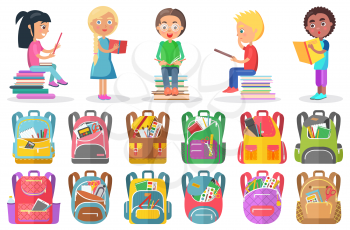 Smiling boy and girl reading book, educational object. School bag set, learn homework, pupils with textbook sitting on stack of books, student character vector. Back to school concept. Flat cartoon