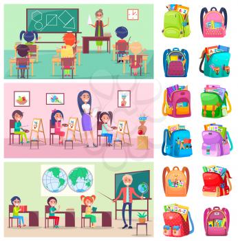 Teacher and pupils in classroom, classmates studying. Backpack sticker, girl and boy sitting at desktop with book, geometry and geography lesson vector. Back to school concept. Flat cartoon