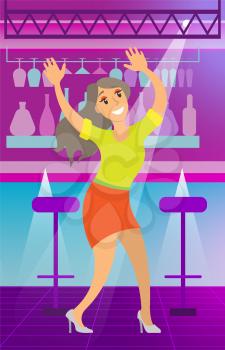 Smiling woman with rising hands dancing near counter bar with glass and chairs. Lady wearing dress moving on purple dance-floor, celebration event vector