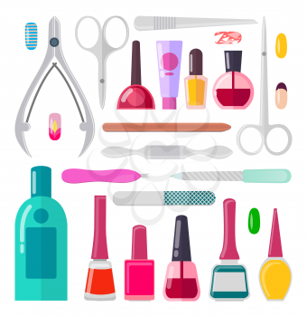 Nail art, poster with collection of objects used to create new styles, nail files and scissors, vector illustration, isolated on white background