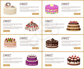 Cakes variety, web page for online shopping with text, sweet bakery with cream and strawberries, raspberries and cherries, isolated on vector illustration