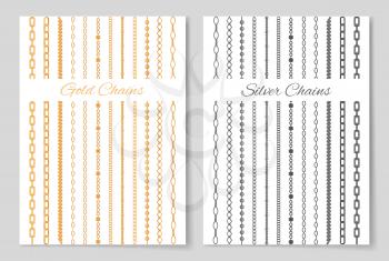 Silver and gold chains promotional posters set. Expensive luxurious jewelry made of precious metals cartoon vector illustrations on white background.