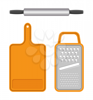 Set of kitchen equipment isolated on white field, vector illustration with templates of grater with orange frame and handle, pin and cutting board