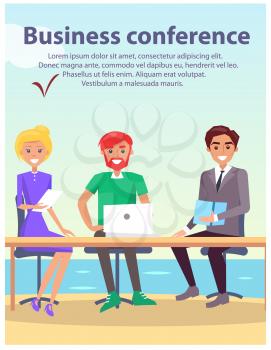 Business conference at seaside, poster with text sample and workers, teamwork at summer beach, table and seats isolated on vector illustration