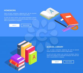 Homework school library vector web posters with open book, textbooks with place for text. Copybooks on grammar for elementary education lessons