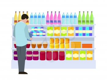Man at supermarket making choice, male looking at products, water in bottles, fresh juice in jars, vector illustration isolated on white background
