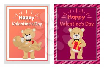 I love you and me teddy bears with heart sign vector illustration of stuffed toy animals, presents for Happy Valentines Day, cartoon posters. Female in paws of lovely male hold his heart