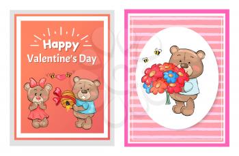 Happy Valentines day posters set teddy with bouquet of flowers, and boyfriend bear makes present to his girlfriend hive decorated by bow vector