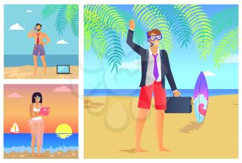 Three summer time posters vector illustration with smiling businessman in blue diving mask, speaking man pretty girl with pink device on evening beach