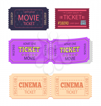 Set of movie cinema tickets admit one vector illustration set isolated on white background. Coupon on pass admission or permission, collection of papers