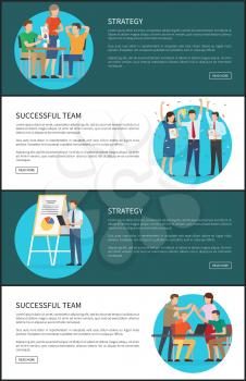 Strategy successful team cards vector illustration with colorful icons of workers with schedules and gadgets isolated on white and blue backgrounds