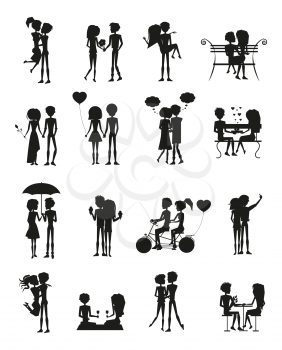 Couples in love, silhouettes set, people sitting on bench, umbrella and bicycle, celebration of Valentines day, isolated on vector illustration