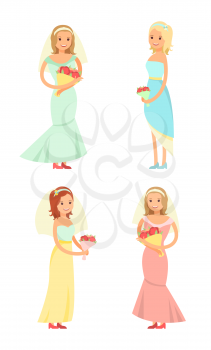 Brides holding bouquets of red flowers, set of women wearing traditional elegant dresses, happy ladies vector illustration isolated on white