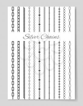 Collection of silver chains isolated on white vector illustration with lot of oval rectangular rounded and rhombic precious isolated on shiny backdrop