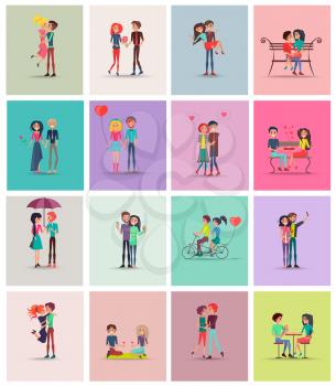 Couples in love, collection of posters, people sitting on bench, drinking wine and eating ice-cream, riding bicycle together vector illustration