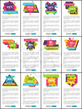 Special offer with big sale promotional Internet posters set with colorful paint blots and sample text isolated vector illustrations set.